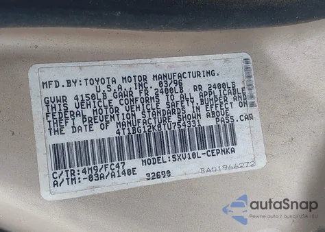 1996 Toyota Camry Dx/Le/Xle from USA, damaged, VIN 4T1BG12K8TU754331